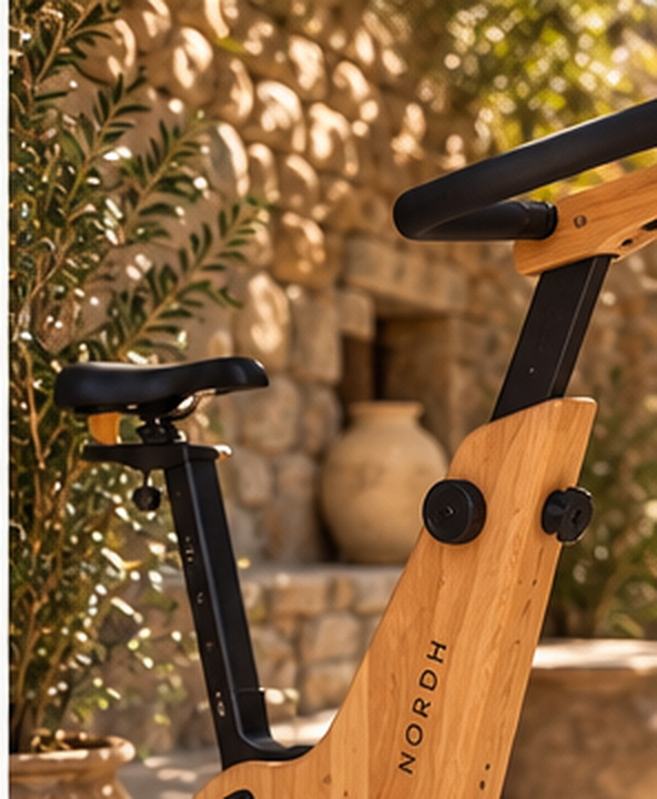 The top half of a NORDH stationary bike in light wood and black against a stone wall