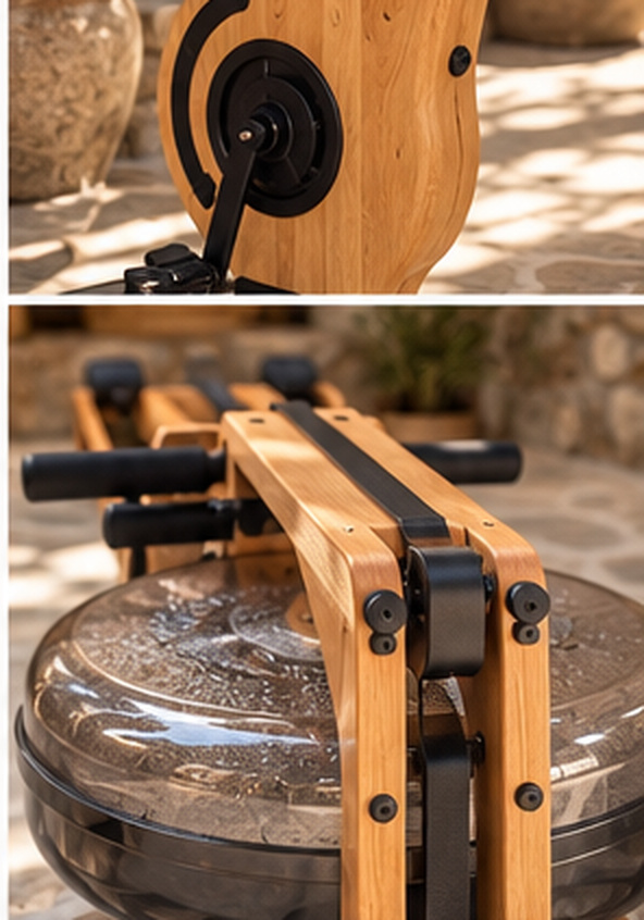 The water tank and light wood frame of a NORDH water rowing machine on a stone-tiled outdoor surface