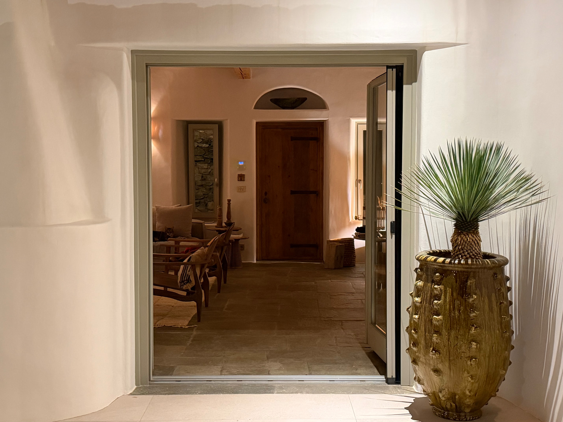 A doorway opening onto a stone-floored room with wooden furniture, a large textured green pot and plant in the foreground at night
