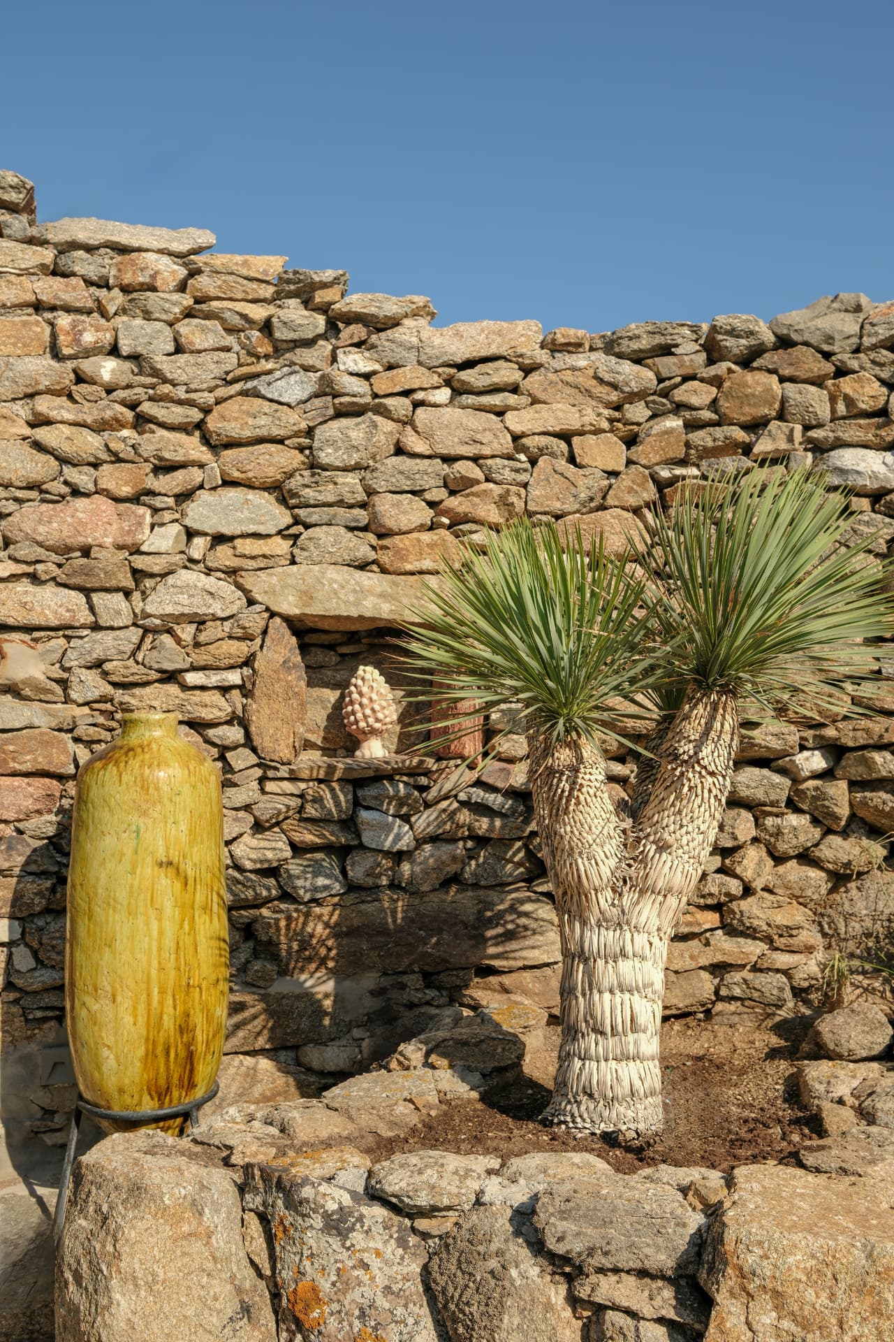 A yellow-green glazed ceramic vase and a double-trunked yucca in a stone planter against a textured stone wall
