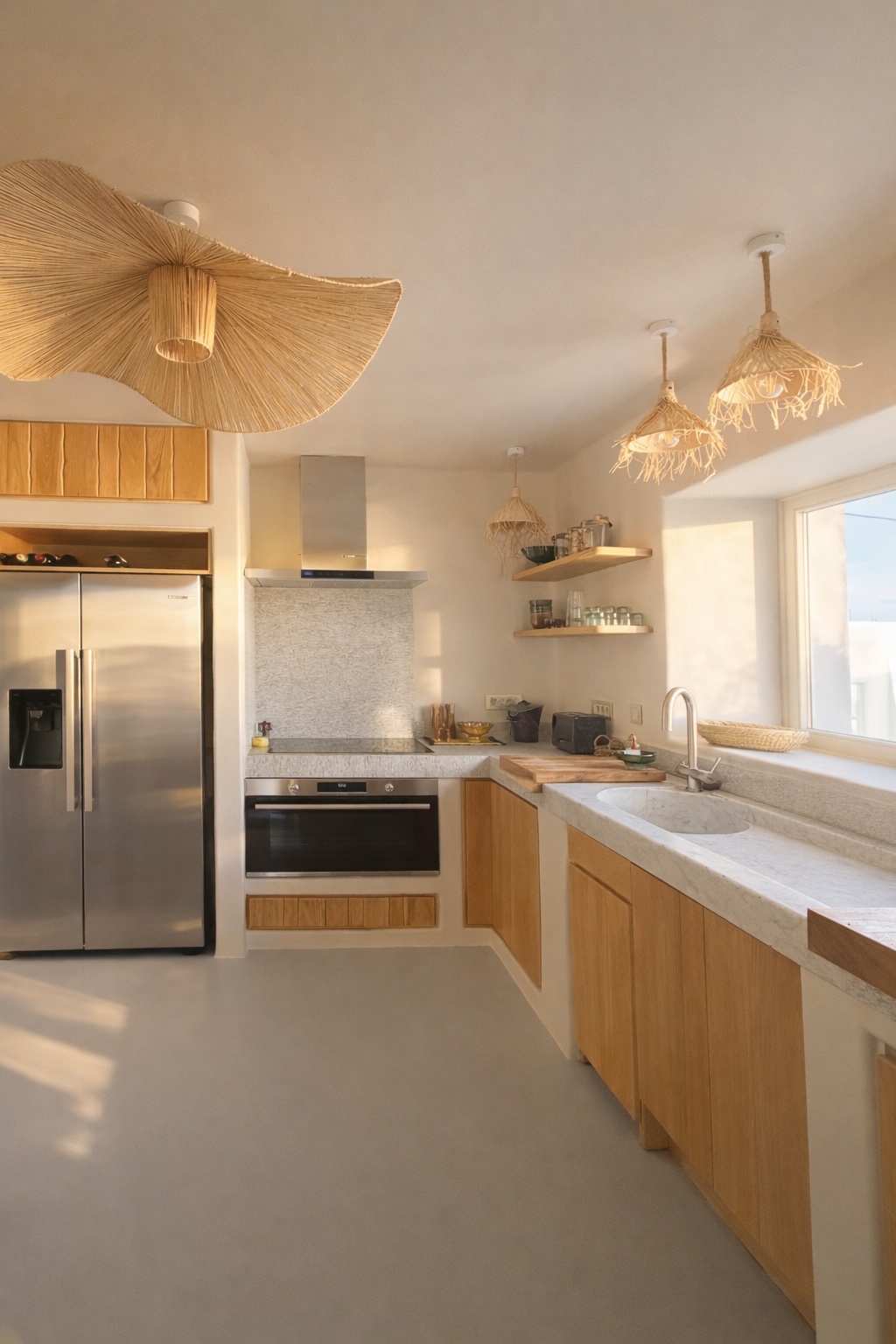 The kitchen in morning light, light wood cabinetry and sculptural raffia pendants