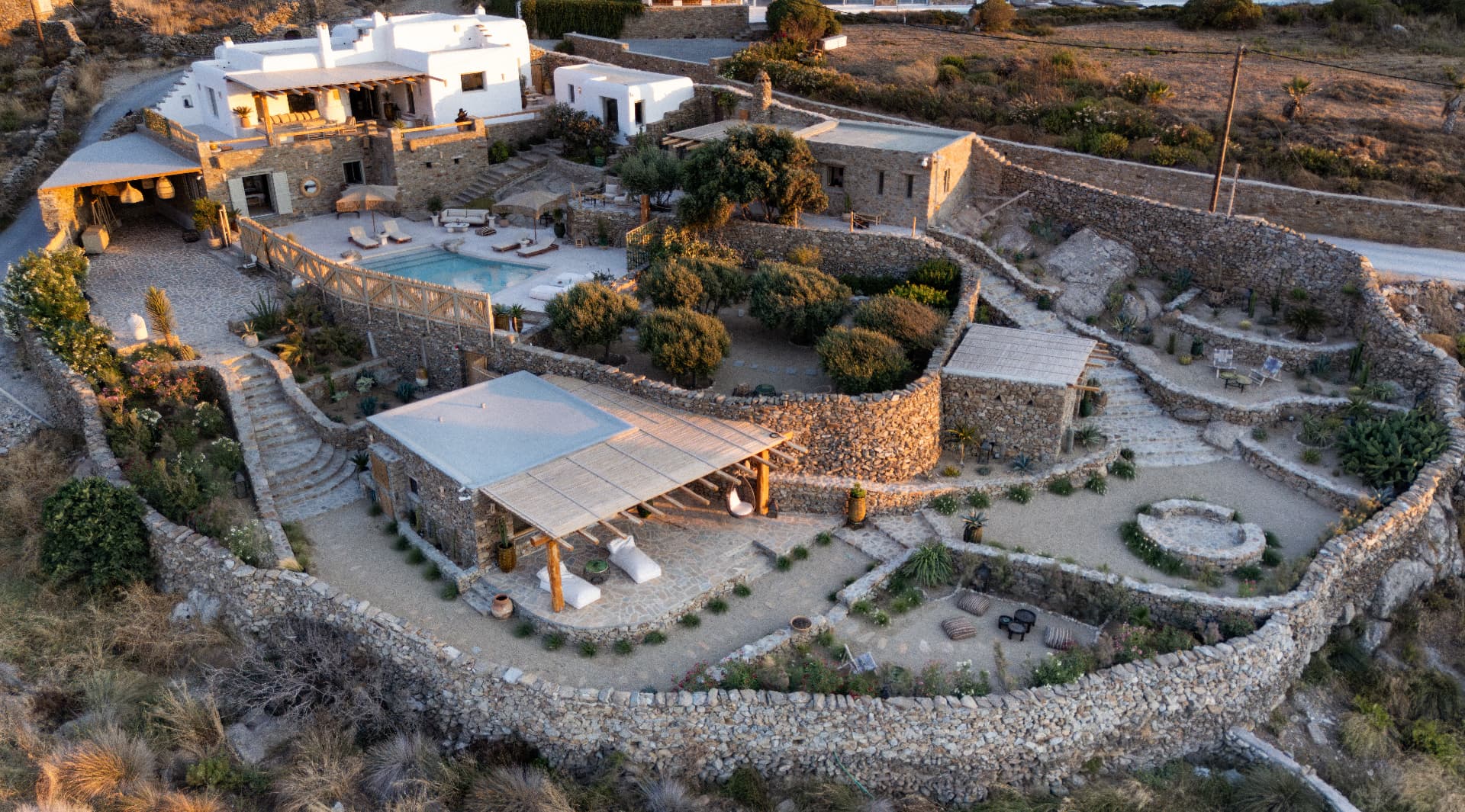 Aerial view of Villa Storia above the valley of Ftelia, Mykonos