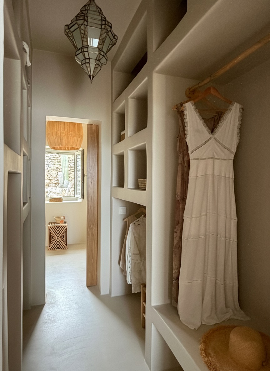 The Upper Suite dressing area, built-in niches opening toward the bathroom