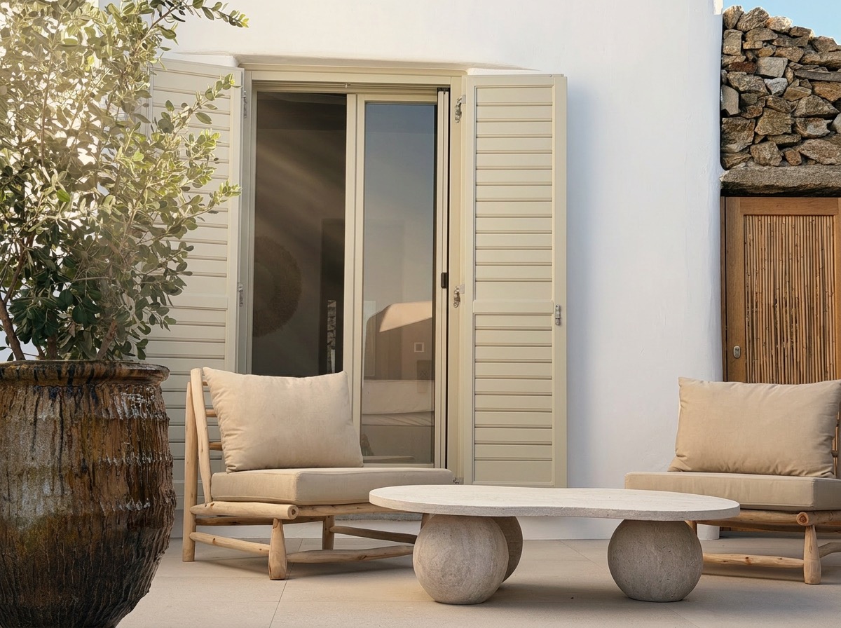 The Upper Suite's private terrace, outdoor seating in warm afternoon light
