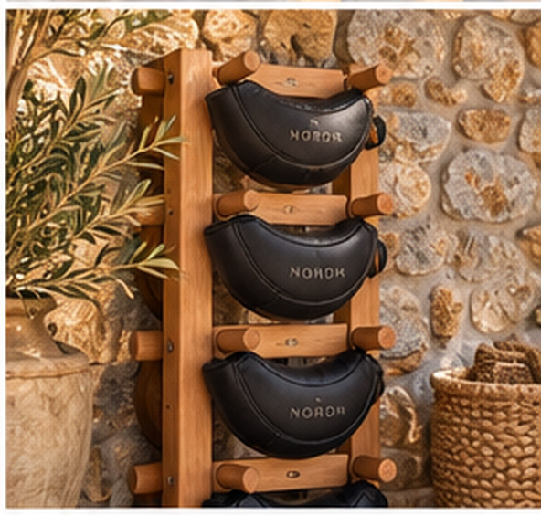 A wooden NORDH peg rack holding three black crescent-shaped weighted bags against a stone wall