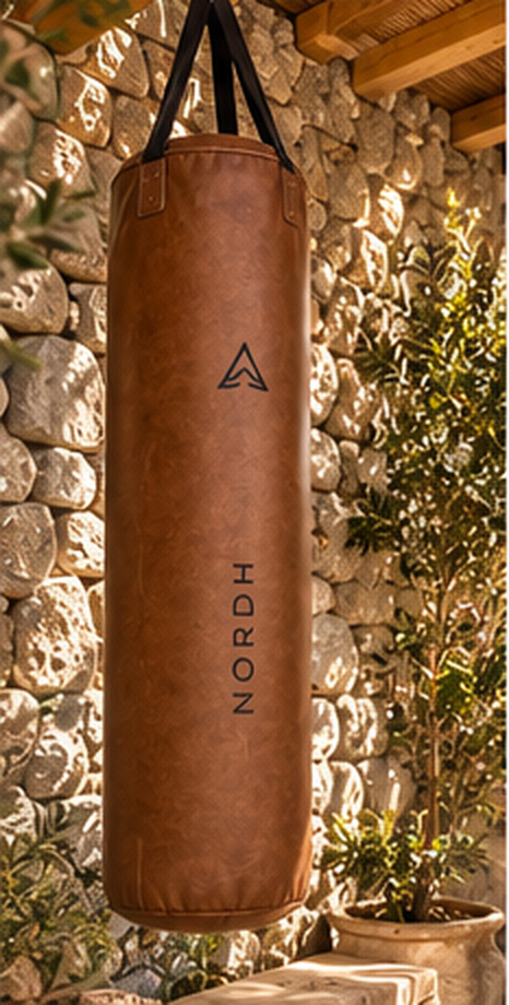 A tall brown leather NORDH punching bag hanging in a sunlit outdoor stone patio