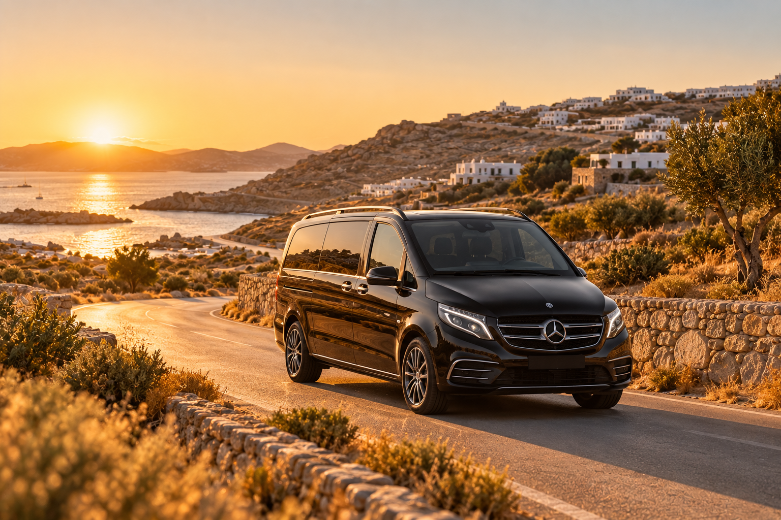 A black Mercedes-Benz V-Class van travelling a winding coastal road at golden hour