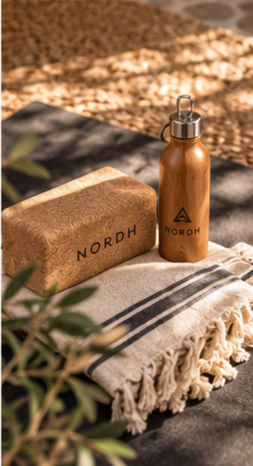 A cork yoga block and a wood-textured NORDH water bottle resting on a fringed towel and dark mat in a sunlit outdoor area