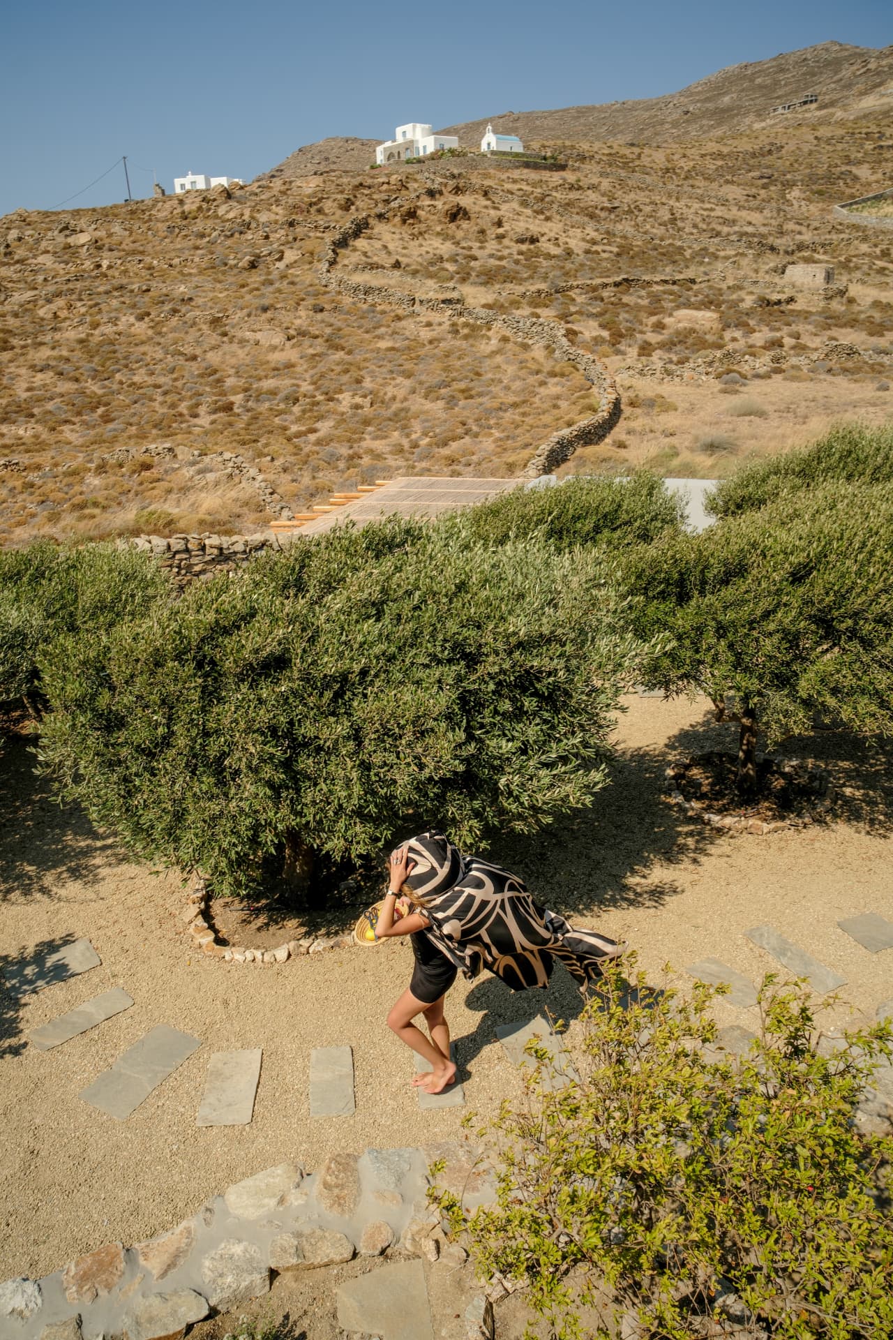 A figure draped in a bold black-and-beige cloth carrying a basket of lemons, walking across a flagstone garden path lined with olive trees and a dry-stone hillside