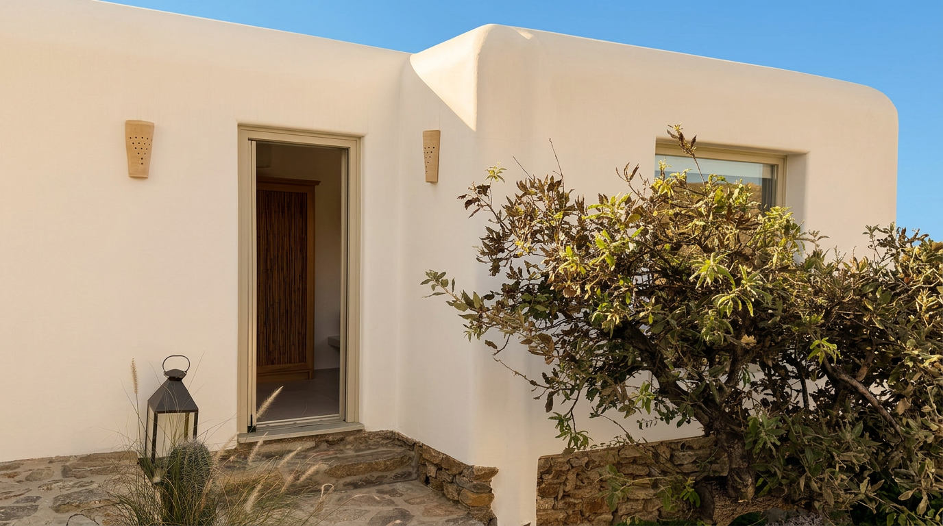 The Cycladic Suite exterior, rounded white walls and stone entryway