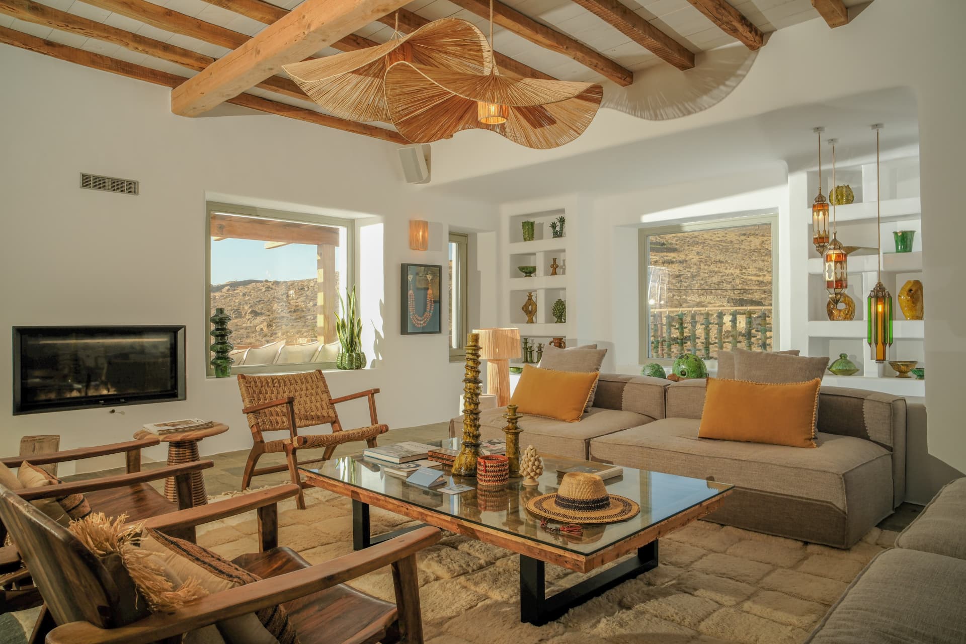 The Living room, wicker pendant light over the sofa and coffee table