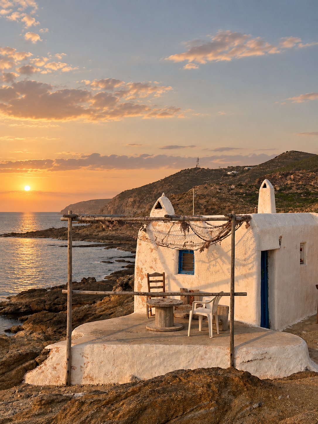 A white-washed house by the sea at sunset, Ftelia, Mykonos