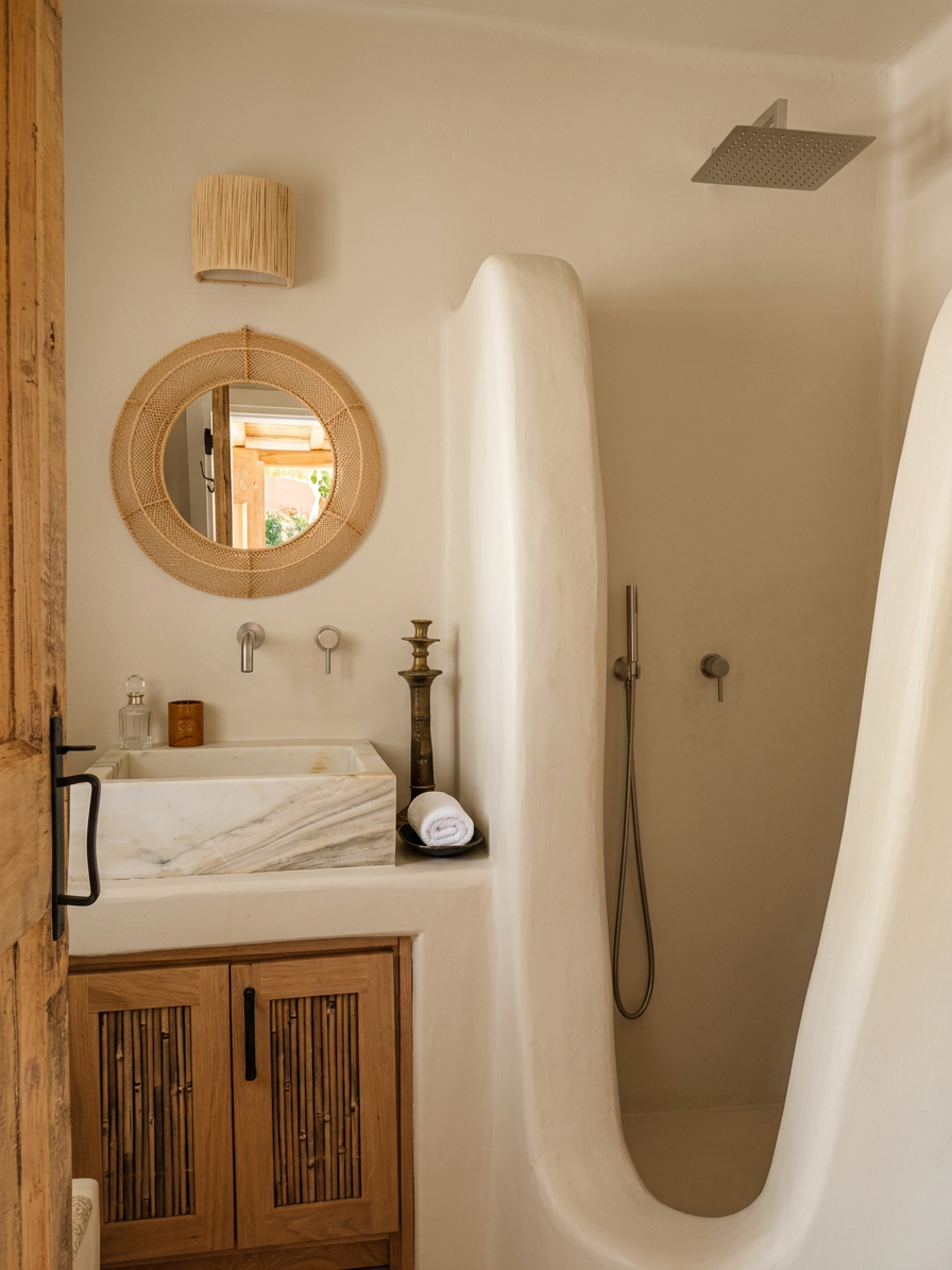 The stone house bathroom, marble vanity, round woven mirror and rain shower