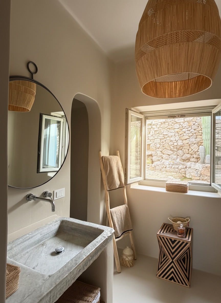 The Upper Suite bathroom, sculptural stone basin and raffia pendant light