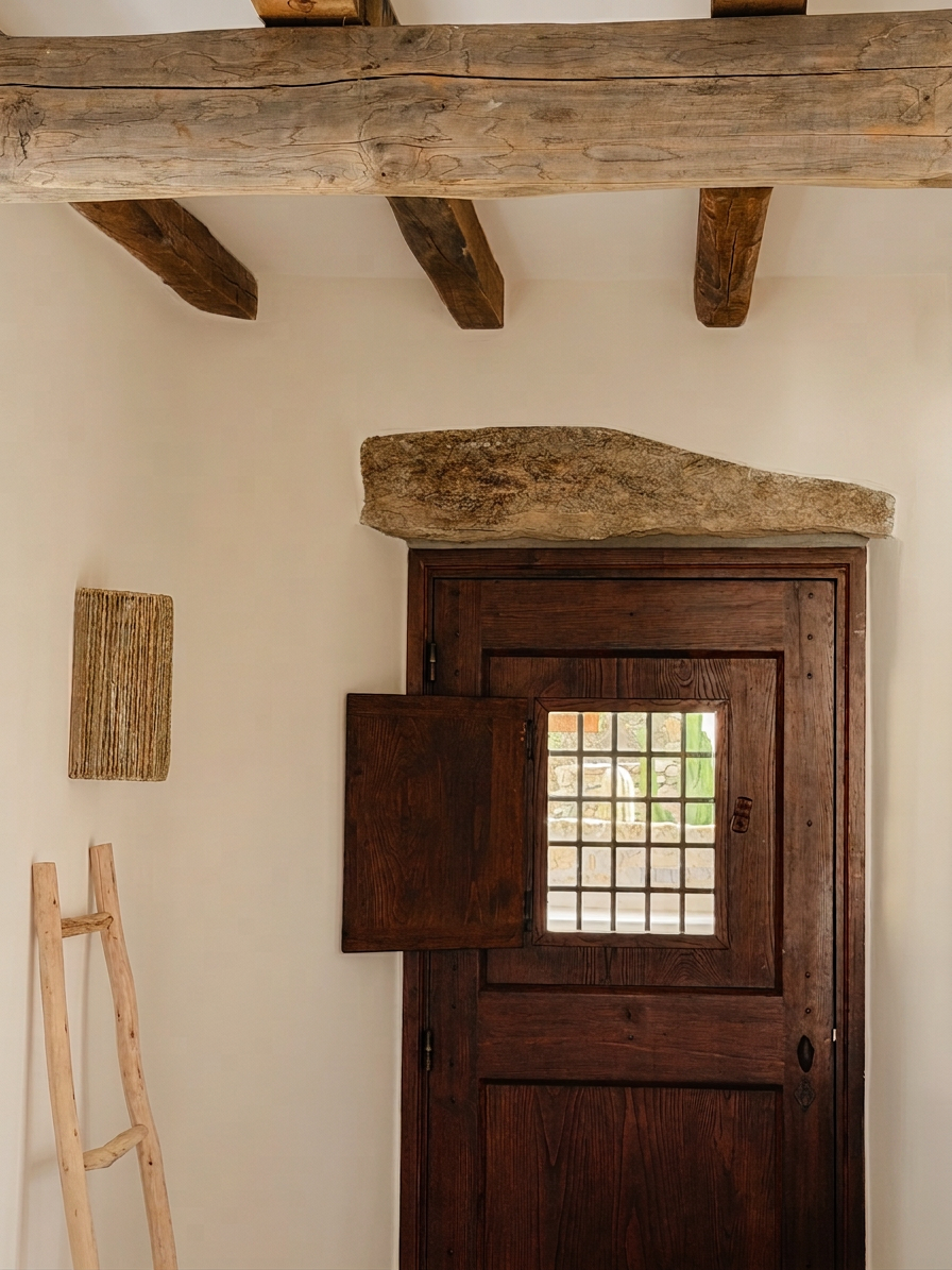 Detail, the antique wooden door and stone lintel of the Stone Shepherd's House