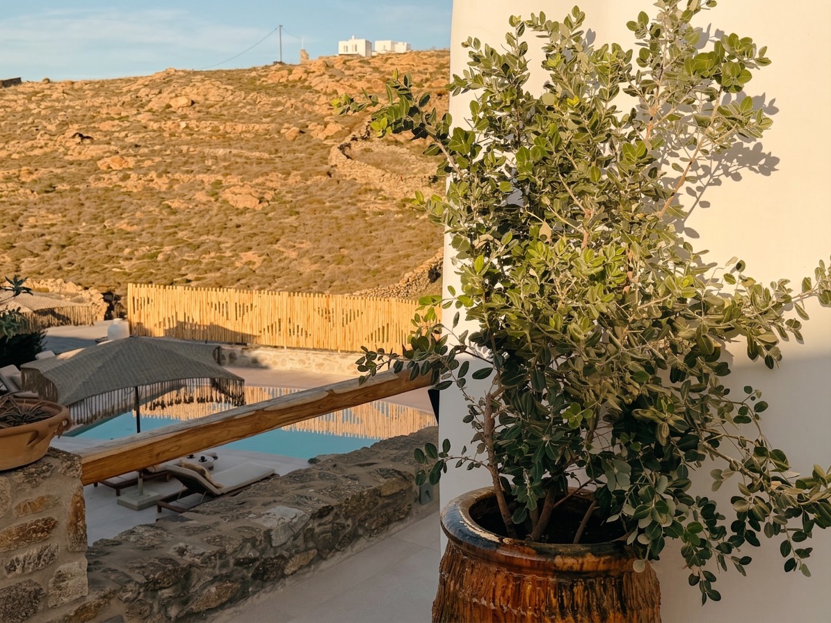 The view toward the pool and the Ftelia landscape from the Upper Suite