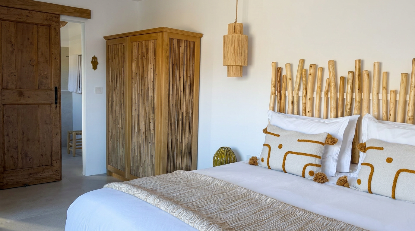 The Cycladic Suite bed head, bamboo wardrobe and bathroom door