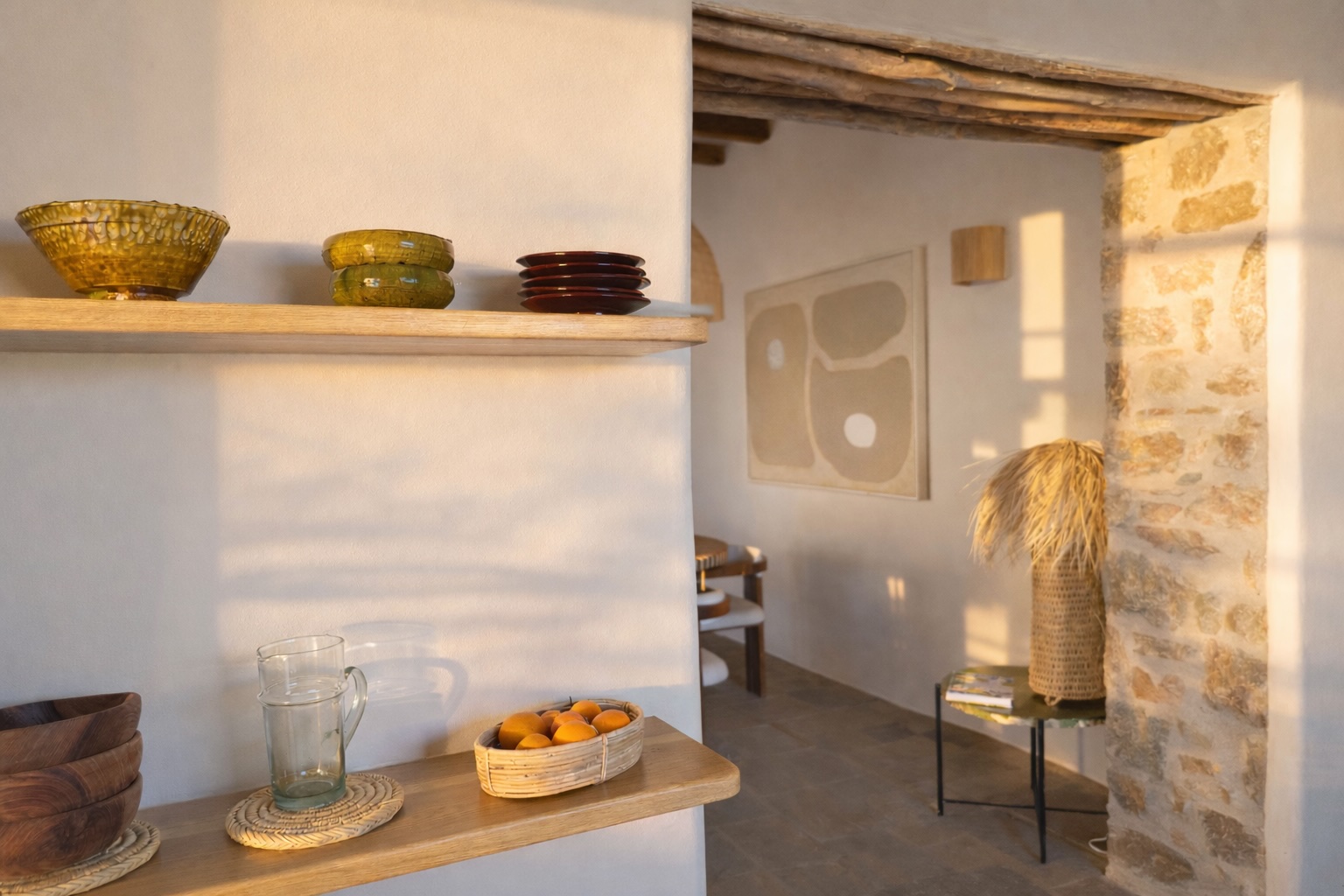 A bright corner, floating shelves with ceramics and an archway toward the dining area