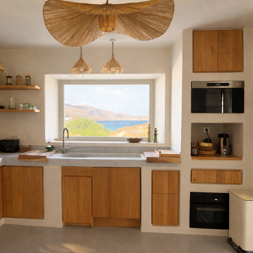 The kitchen, marble sink and window framing the panoramic sea view