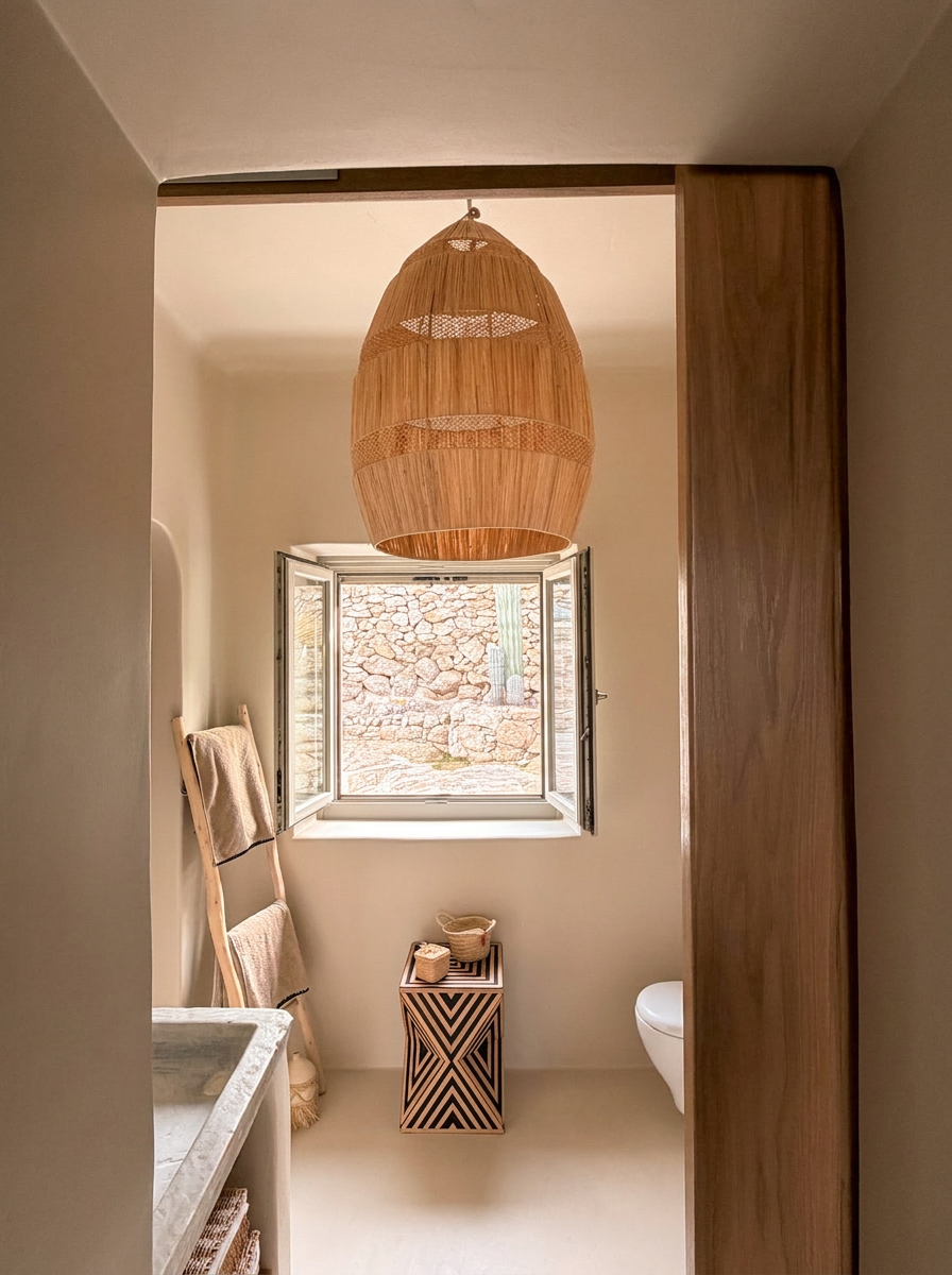 Morning light through the open bathroom window of the Upper Suite, raffia pendant and stone surfaces