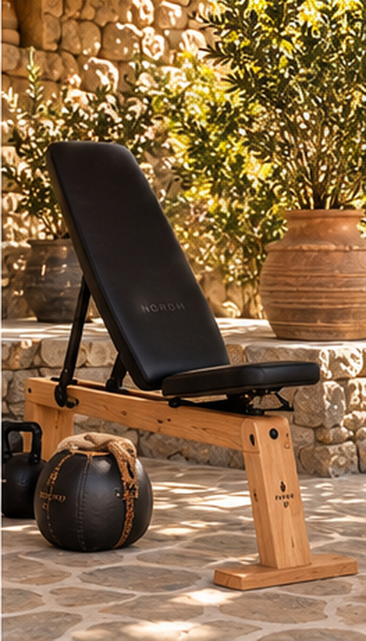 A wooden-framed NORDH adjustable bench with a kettlebell and medicine ball on a sunny stone patio